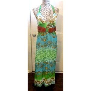 2B Bebe Monique Maxi Dress Belted Halter Top Lined Blue Green NWT Size XS